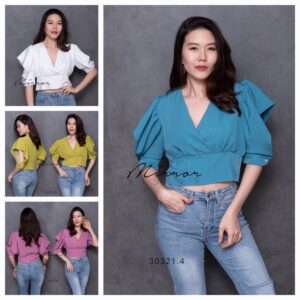 (NEWspecialPrice) V 2 SisleYya DoLL ToP เสื้อคอวีอกไขว้ แขนจับจีบดีเทลสวย แขนผ่าสวยน่ารัก เสื้อครอปไหล่พองเก๋ๆ