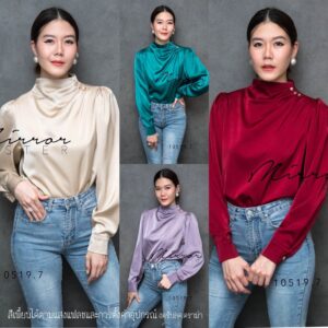 LX V1 CeleB High NecK SatiN ToP เสื้อซาติน ลุคคุณหนู เซเลบเบาๆ เสื้อซิลค์ซาติน เสื้อผ้าเงาหรู เสื้อคอตั้ง จับทวิสช่วงคอ