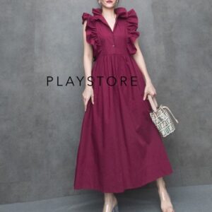V3 WomenitY Maxi Dress เดรสยาว คอตตอนสีพื้น เดรสคอระบาย เดรสแขนระบาย สุดเก๋ กระดุมเปิดช่วงบน กระโปรงทรงเอ ลุคคุณหนูเก๋ๆ