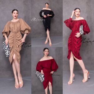 GlaM Vshape Dress สาวน่าค้นหา!! เดรสสั้น จะใส่เป็นปาดไหล่หรือไหล่ขึ้ก้อได้ สุดชิค ดีเทลแขนพอง เอวแต่งขอวีเชป