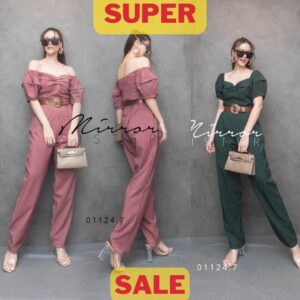 VC V2 RetRo VintaGe SimPlE PuFF JumpsuiT จั้มสูทวินเทจ จั้มสูทแขนตุ๊กตา อกเว้าจับจีบ จั้มสูทเปิดไหล่ จั้มสูทแขนกระปุก