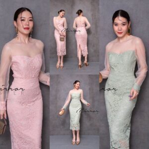 (นางแบบ ใส่ ชุด ขาย) SET of Mercier LaCE ชุดเซ็ต เสื้อกระโปรง ผ้าลูกไม้ อกซีทรู แต่งเว้า กระโปรงทรงสอบ เอวสูง ผ่าหลัง