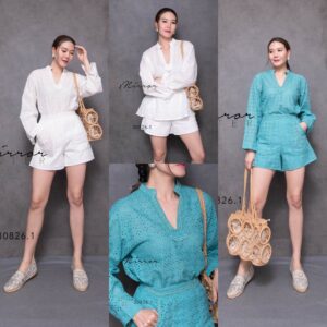 (นางแบบ ใส่ ชุด ขาย) V2 Bohemian BoHo Set Embroidery Lace on chill day ชุดเซ็ทเสื้อกางเกง ผ้าฉลุน่ารัก