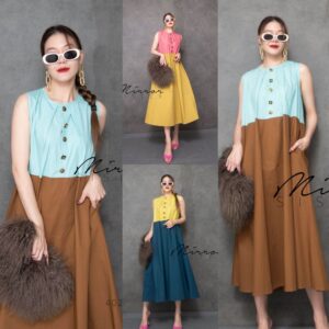 (NEWspecialPrice) v1 Korean Min-Ji 2ToNes DReSS เดรสแขนกุดทูโทน มีกิมมิคเพิ่มที่ แต่งกระดุมแตกต่าง ดีไซน์น่ารัก