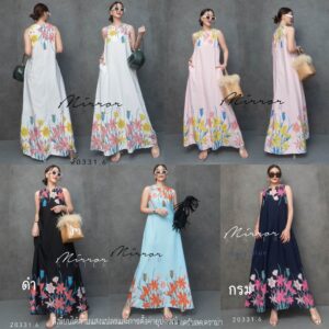 FW Pastel FloweR in the Morning Maxi DreSS เดรสยาวแขนกุด ลายดอกไม้สวยหวาน ลายดอกลายเชิงเก๋ๆ คอวีผ่า กระโปรงทรงเอ