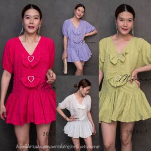 v2 VAL SweeT Heart 2 Hearts LonG ToP เสื้อตัวยาว ชายระบายพริ้ว ผ้าtexture ย่นๆ แต่งโบว์ มีอะไหล่เพชรรูปหัวใจเก๋ๆ
