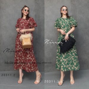 (PROMOTION) About VintagE PuFF Maxi DreSS เดรสลายดอก เดรสวินเทจ เดรสแขนบอลลูน ผ้าลายสวย ลายดอกสีเข้มสวยเด่น เดรสแขนพอง