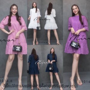 FW Feminine Girly Dress เดรสลูกไม้ฉลุ เดรสลูกไม้ ตัวสั้น ผ้าคอตตอนเนื้อดี เดรสแขนตุ๊กตา ชายระบายน่ารัก