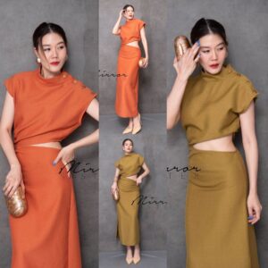(นางแบบ ใส่ ชุด ขาย) v1 Charlotte sexy off -Waist Dress เดรสเว้าเอว ข้างซ้าย กระโปรงทรงสอบผ่าข้างสไตล์สาวเฟียซ