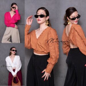 (นางแบบ ใส่ ชุด ขาย) MeGAN Embroidery Top สวยแซ่บเอวเอส เสื้อครอปคอวี ติดกระดุม ผ้าฉลุปัก แต่งแขนสุดเก๋ แขนฟักทอง