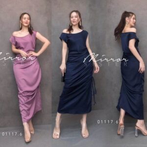 (นางแบบ ใส่ ชุด ขาย) LX Gala ShinE Satin Dress เดรสหุ่นเพรียว เดรสทรงเก๋ ดีไซน์สวย เดรสไหล่ตก แพทเทิร์นทรงสวย