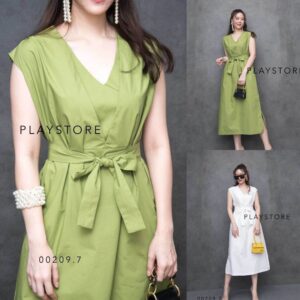 ️ ️. ️ ️ V Twist ClassiC midi DreSS เดรสแขนกุดคอวี ดีไซร์คลาสสิค ลุคเรียบร้อย ช่วงอกจับทวิสดูมีมิติ พร้อมสายผูกเอว