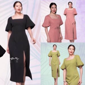 (NEWspecialPrice) (นางแบบ ใส่ ชุด ขาย) v2 CEO Femme Risa Square Dress สวยหวานสมาร์ท เดรสคอเหลี่ยม ทรงตรง แขนพองน่ารัก