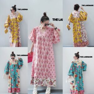 (นางแบบ ใส่ ชุด ขาย) Balloon Sleeve IndiaN BlockDress เดรสผ้าบล็อคคอทตอนอินเดีย ดีเทล เดรสคอวีหน้าหลัง ต่ออก