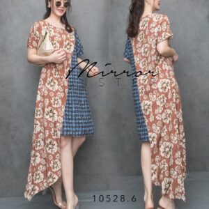 (PROMOTION) Floral Asym fusion vintage Dress เดรสชายไม่เท่ากัน เดรสสไตล์ญี่ปุ่น ชายยาวข้างนึง เดรสเก๋ๆ ตัดต่อผ้าสองลาย