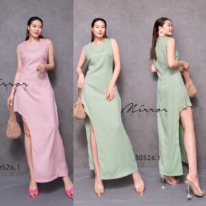 (Hot pro) (นางแบบ ใส่ ชุด ขาย) Fayre LEG-off pastel DReSS เดรสยาวแขนกุด สุดเก๋ เดรสโชว์เรียวขา เข้ารูปช่วงเอว