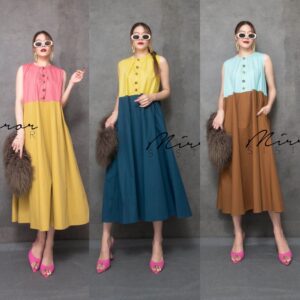 (MegaSALE ) v1 Korean Min-Ji 2ToNes DReSS เดรสแขนกุด ทูโทน มีกิมมิคที่กระดุมต่างแบบ ดีไซน์น่ารัก ทรงเอ บาน