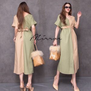 (Last chance) (นางแบบ ใส่ ชุด ขาย) 2ToNE V Basic Green pastel DReSS เดรสคอวีทูโทน พาสเทล ดีไซน์เก๋ แต่งสลับสีซ้ายขวา