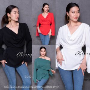 Momentum Beauty ToP เสื้อคอถ่วง เสื้อปาดไหล่ มีเชือกผูกเอว ปลายแขนมีกระดุมติด จะปล่อยเป็น เสื้อ แขนผ่า ก้อเก๋ไปอีกแบบ