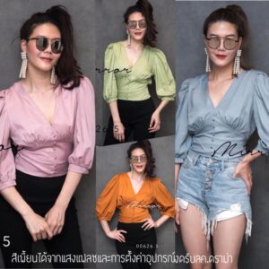 ) SX V Lightly Pastel เสื้อสีพาสเทล เสื้อคอวี อกจับย่นเบาๆ แขนพอง ช่วงเอวเก๋ หลังช่วงเอวสม๊อคยืดได้ ผ้าเบาบางใส่สบาย