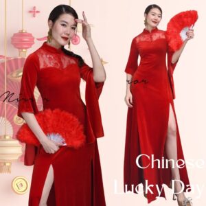 (นางแบบ ใส่ ชุด ขาย) Lucky in Chinese Mandarin.Style VelVeT QIPAO Maxi Dress เดรสกี่เพ้า เดรสสีแดงมงคล