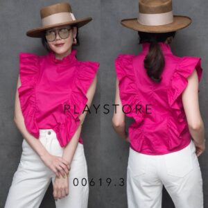 SM Hot Pink ToP เสื้อแขนกุด เสื้อน่ารักๆ เสื้อครอป คอระบาย บ่าระบาย สีสวยสุดเก๋ แต่งระบาย2ข้างหน้าหลัง