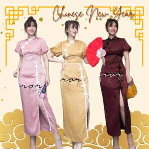 (PROMOTION) v2 Lucky iN Everyday Puffy Qipao Chinese Dress ชุดเดรสคอจีน เดรสกี่เพ้า แขนกระปุก ผ้าทอลายจุดมีtexture