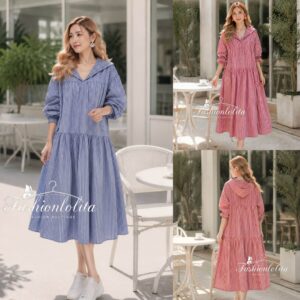 มีสีแดง สีน้ำเงิน (นางแบบ ใส่ ชุด ขาย) Hoodie Stripe Dress เดรสผู้หญิง ลายริ้ว มีฮูด เดรสทรงโอเวอร์ไซส์ เดรสใส่สบาย