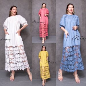 (นางแบบ ใส่ ชุด ขาย) 3D Flower LACE Doll DReSS เดรสแขนพอง ชายลูกไม้ ผ้าลูกไม้ ลายดอก3มิติ