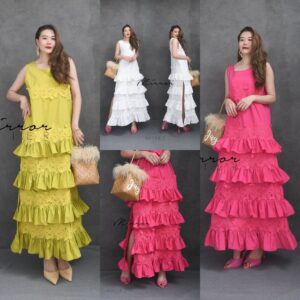 (นางแบบ ใส่ ชุด ขาย) WAWA Lace Layer Maxi DReSS เดรสชั้นๆ ทรงเอ เดรสยาว แขนกุด ดีเทลเก๋ ระบายชั้นๆต่อสลับแถบลูกไม้