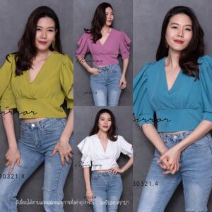 SisleYya DoLL ToP เสื้อคอวีอกไขว้ เสื้อครอปเก๋ๆ เบิ้ลขอบใหญ่ช่วงเอว แขนจับจีบดีเทลสวย เสื้อไหล่พอง เสื้อแขนผ่าสวยน่ารัก