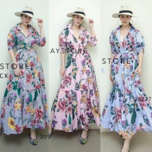 V2 ZR FusioN BlooM on Stripe Maxi DReSS แม็กซี่เดรสเชิ้ต ลายริ้ว ดอกไม้หลากพันธุ์ใส่แล้วพริ้ว สวยดูดีแบบ