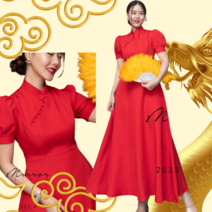 Qipao A Swing Chinese DreSS เดรสคอจีน เดรสสีแดง เดรสยาวสวิงบานสวย แต่งกระดุมจีน เดรสสไตล์จีนแขนพอง ใส่สบาย