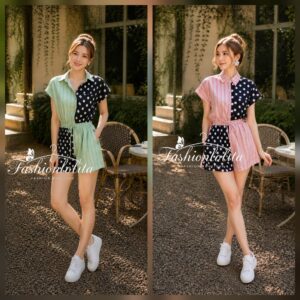 Set 2Piece of Korean Cafe Outfit Stripe Dot Style ชุดเซ็ตลายริ้วลายจุด ขาสั้นผู้หญิง ลุคเกาหลี ใส่สบาย ไปคาเฟ่