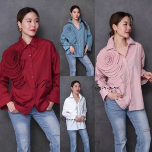 Neatly Pleat Rose FLoRAL SHiRT เสื้อเชิ้ต สไตล์บูทิค ดอกไม้สามมิติ สุดปราณีต แต่งดอกไม้ผ้าพลีทที่อก