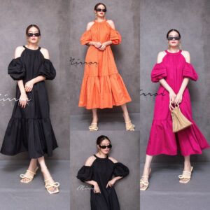 (นางแบบ ใส่ ชุด ขาย) Sexy Bomb Shoulder-off hollow dress เดรสทรงปล่อย เว้าไหล่ แขนพองบอลลูนนิดๆมีเลเยอร์3ชั้น น่ารักมาก