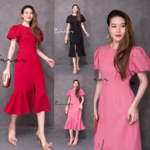Polla DollY DreSS เดรสแขนพอง ดีเทลทันสมัย โดดเด่นน่ารัก ช่วงเอวเข้ารูป กระโปรงทรงเอ ผ่าหน้า เนื้อผ้าขึ้นทรงสวย