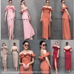 SX Switch YoU tO StaR In ParTY MaxidreSS แม็กซี่เดรส เดรสปาดไหล่ แต่งระบาย มีแถบยางที่ขอบเกาะอกแน่นกันหลุด
