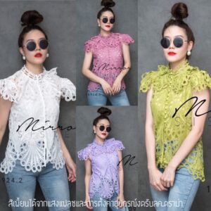 Sweet Neatly Lace เสื้อลูกไม้งามๆ สวยดูดี ผ้าลูกไม้ฉลุ แต่งระบายที่คอและแขน สวยเด่น กระดุมผ่าหน้า พร้อมสายเดี่ยว