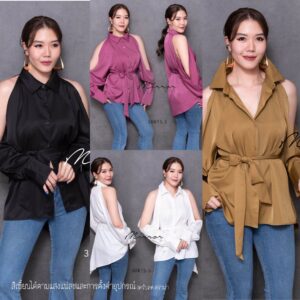 (นางแบบ ใส่ ชุด ขาย) v1 Penny Abroady Off-shoulder Shirt เสื้อสายฝอ เสื้อเชิ้ตเว้าไหล่ เสื้อแซ่บเบาๆ