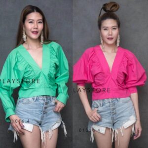 Colorful ViVi Coco Top เสื้อคอวี ดีเทลจับย่น เบาๆ ดูเก๋ๆ แขนพอง แขนยาวถกได้ ใส่สบาย แพทเทิร์นน่ารัก สีสวยสด
