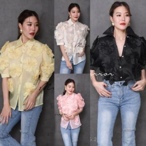 (นางแบบ ใส่ ชุด ขาย) v1 Bloom 3D Flower Floral Scent เสื้อเชิ้ต แต่งดอกไม้ เสื้อดอกไม้ สามมิติ ดอกสวยน่ารัก