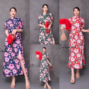 (นางแบบ ใส่ ชุด ขาย) Dear Darling Mandarin QiPao Dress เดรสคอจีน แต่งกระดุมแมนดาริน แขนกระปุก สไตล์กี่เพ้า ลายดอกใหญ่