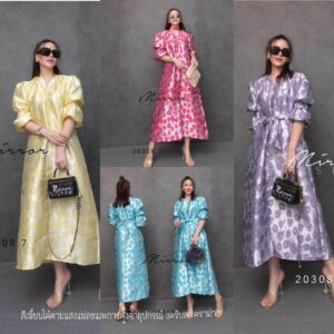 V2 LX TuliP GardeN LuxurY DreSS เดรสลายดอกทิวลิป เดรสไปงาน เดรสลายดอก เดรสผ้าทอนูน เดรสคอวี ผ้ามี texture ลายนูน