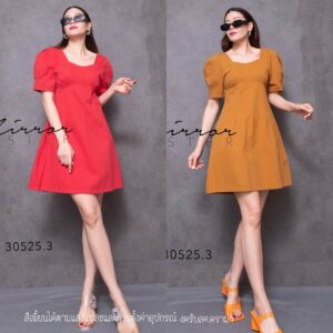 (นางแบบ ใส่ ชุด ขาย) SexY Glam Mini Dress เดรสสั้นสุดเก๋ มินิเดรสน่ารัก เดรส แขนพอง เดรสจับทรงช่วงอก เดรสคอเหลี่ยม