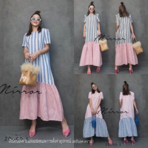 v2 Cozy Stripe Maxi dreSS แม็กซี่เดรส เดรสสไตล์เกาหลี เดรสลายริ้ว ชายระบาย สีทูโทน ชิคๆ ผ้าคอตตอนผสมลินินใส่สบาย