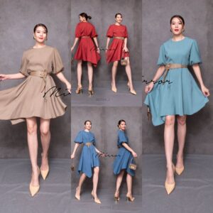 (NEWspecialPrice) (นางแบบ ใส่ ชุด ขาย) v2 Burnaby Womenity Dress พร้อมเข็มขัดเข้าชุด เดรสสั้นทรงน่ารัก ชุดเดรสแขนตุ๊กตา