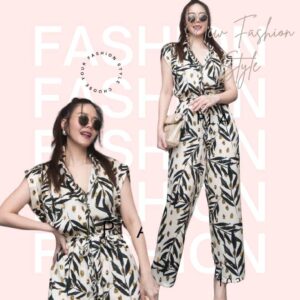(PROMOTION) V2 Vintage Leaves Print Satin SilkJumpsuit จั้มสูทขายาว ลายกิ่งไม้ใบไม้ เก๋ๆ ลุควินเทจ