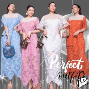 LX V1 So Exp Pearl Lace Maxi Dress เดรสลูกไม้ แม็กซี่เดรสผ้าลูกไม้สวยงามตามท้องเรื่อง ช่วงอกเป็นซีทรู แต่งมุก