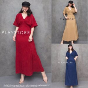 (นางแบบ ใส่ ชุด ขาย) V1 Classy in EveRy DaY Maxi DreSS เดรสยาวคอวี เดรสแขนค้างคาว เอวจับย่นแต่งโค้ง เดรสทรงเอ เดรส
